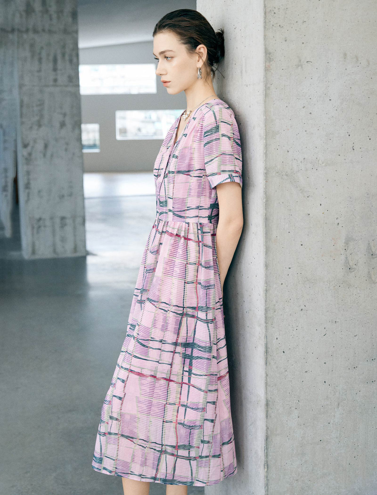 Pink Multi-Color Plaid Short Sleeve Midi Dress