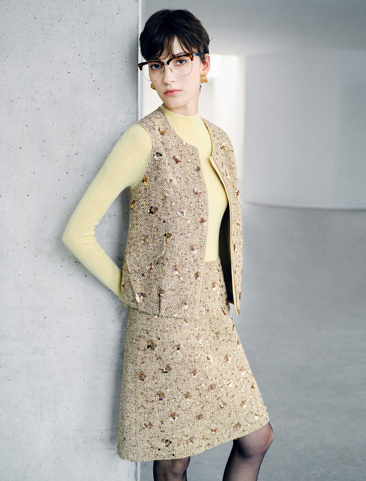 Sequin Textured Zip Front Sleeveless Vest