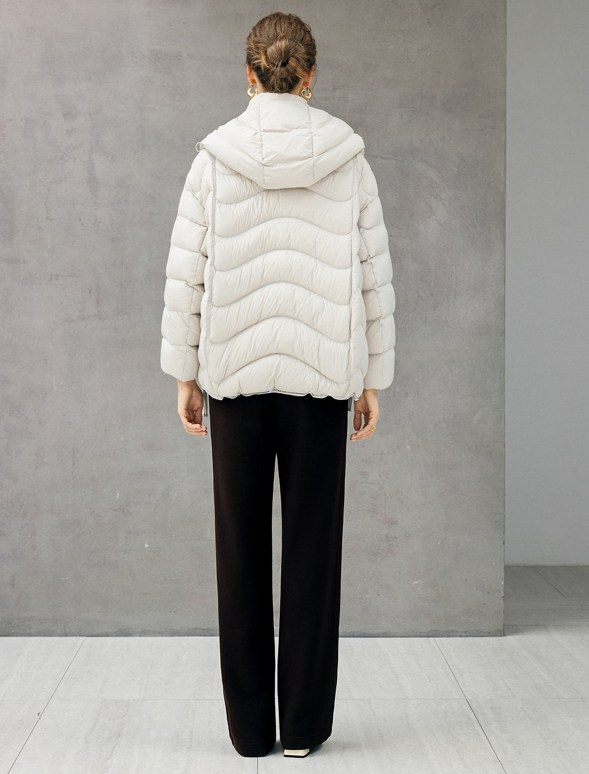 Wave-Quilted Hooded Drawstring Cropped Puffer Jacket