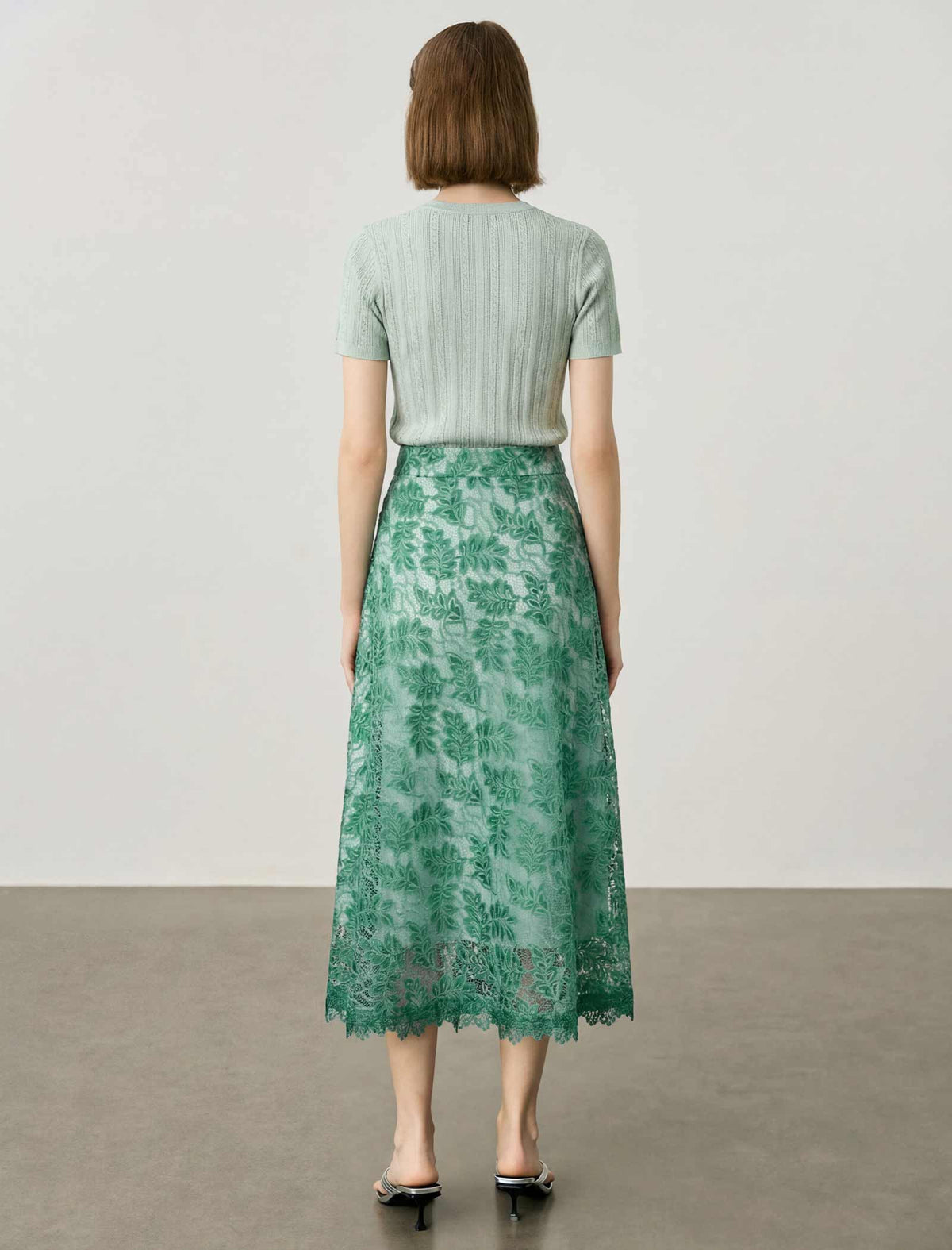 Sage Green Floral Leaf Lace High Waist A-Line Midi Skirt