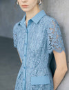Light Blue Floral Lace Collared Short Sleeve Shirt Midi Dress