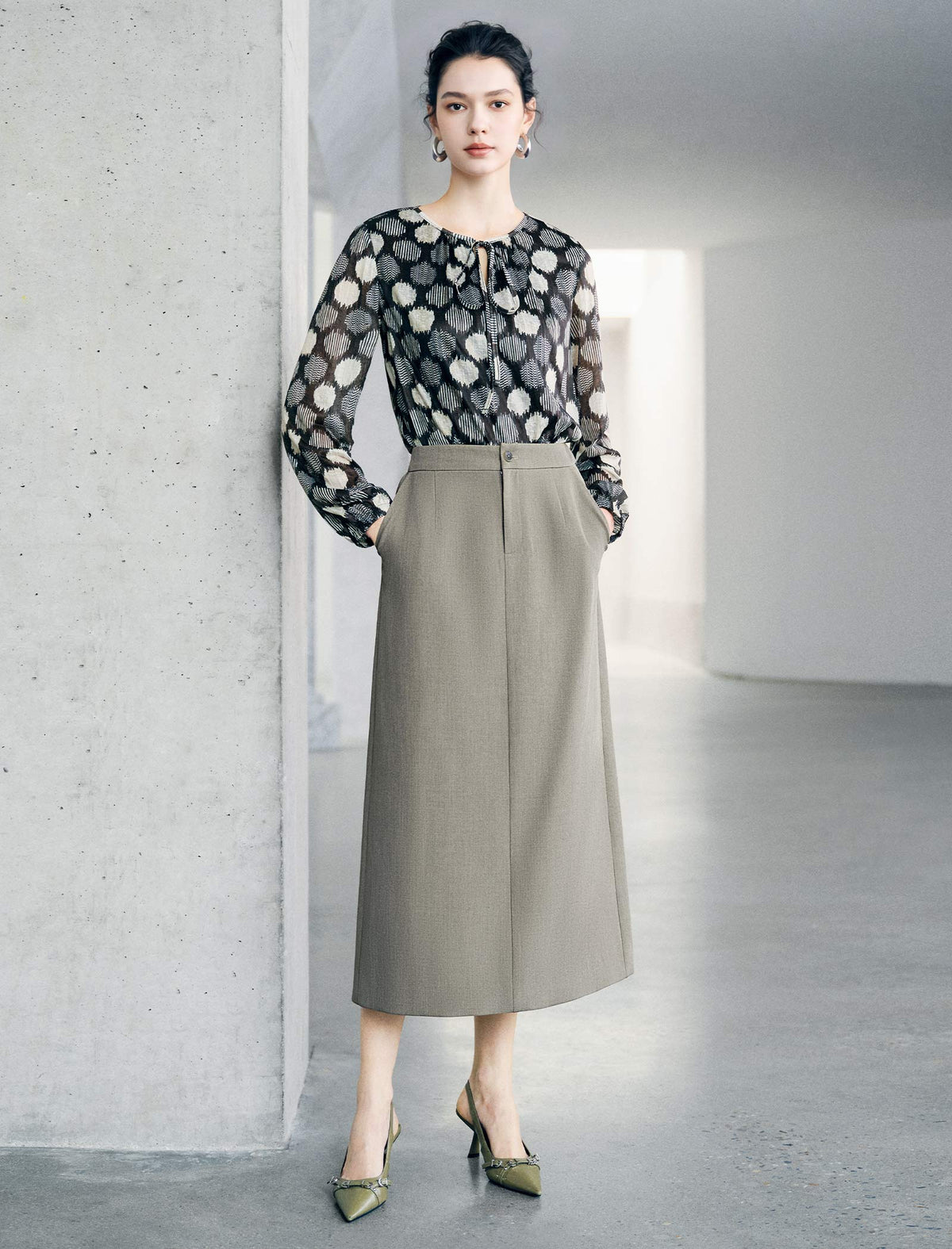 Vintage Geo-Dot Tie-Neck Long-Sleeve Knit Top