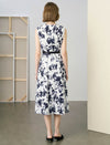 Black Ink Floral Sleeveless Belted Midi Dress