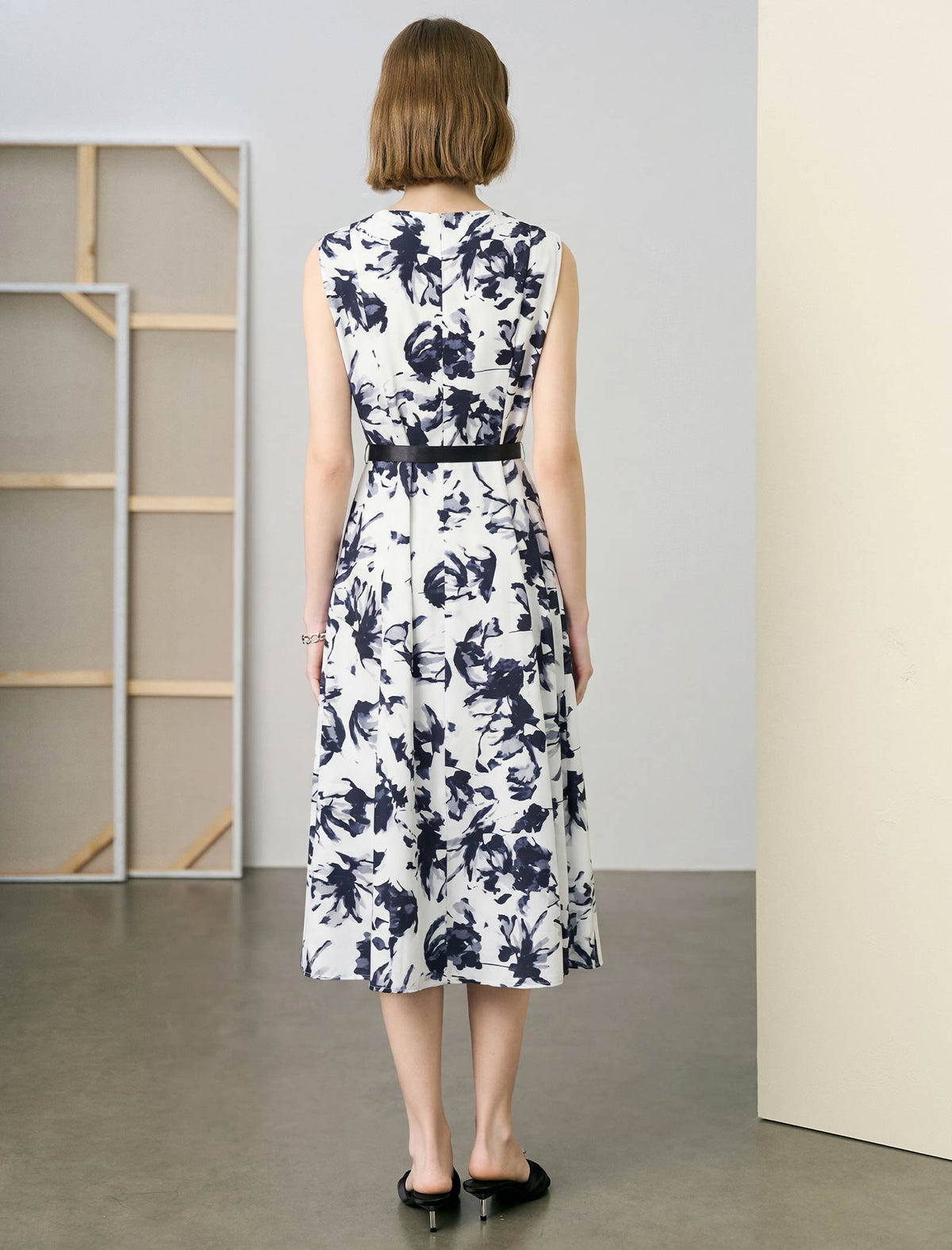 Black Ink Floral Sleeveless Belted Midi Dress