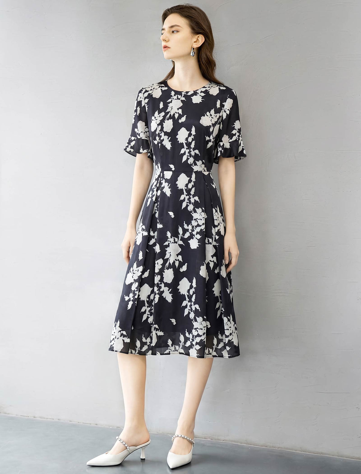 Black Base White Floral Silk Midi Dress