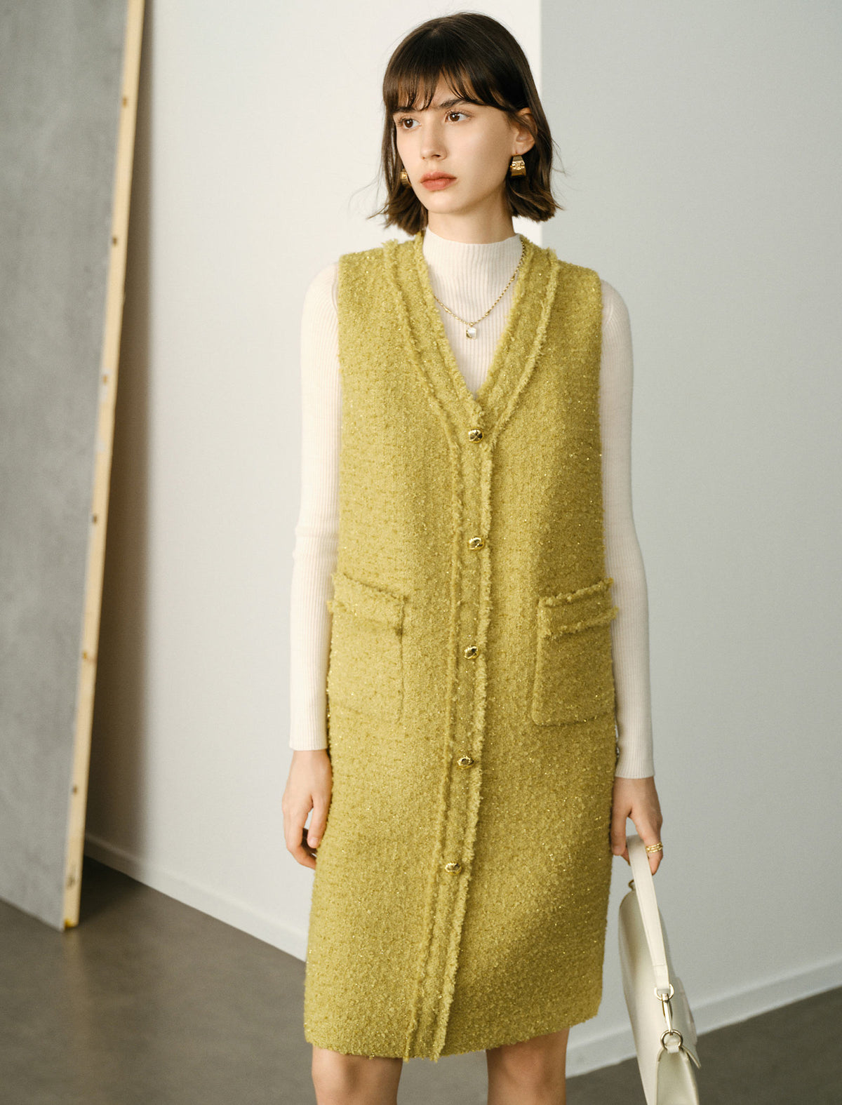 V-Neck Wool-Blend Sleeveless Knee-Length Dress