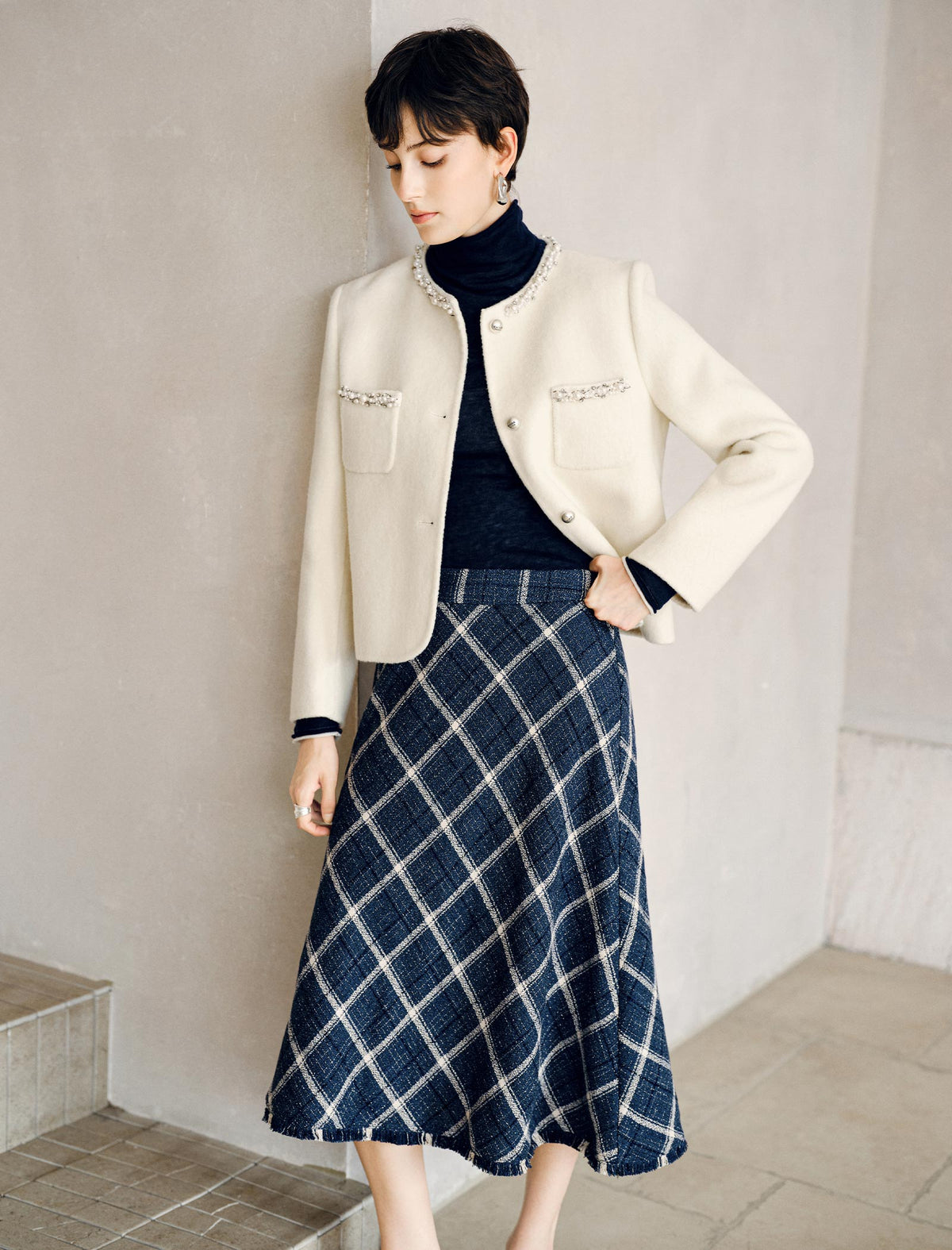 Geometric Plaid with Fringe Hem A Line Midi Skirt