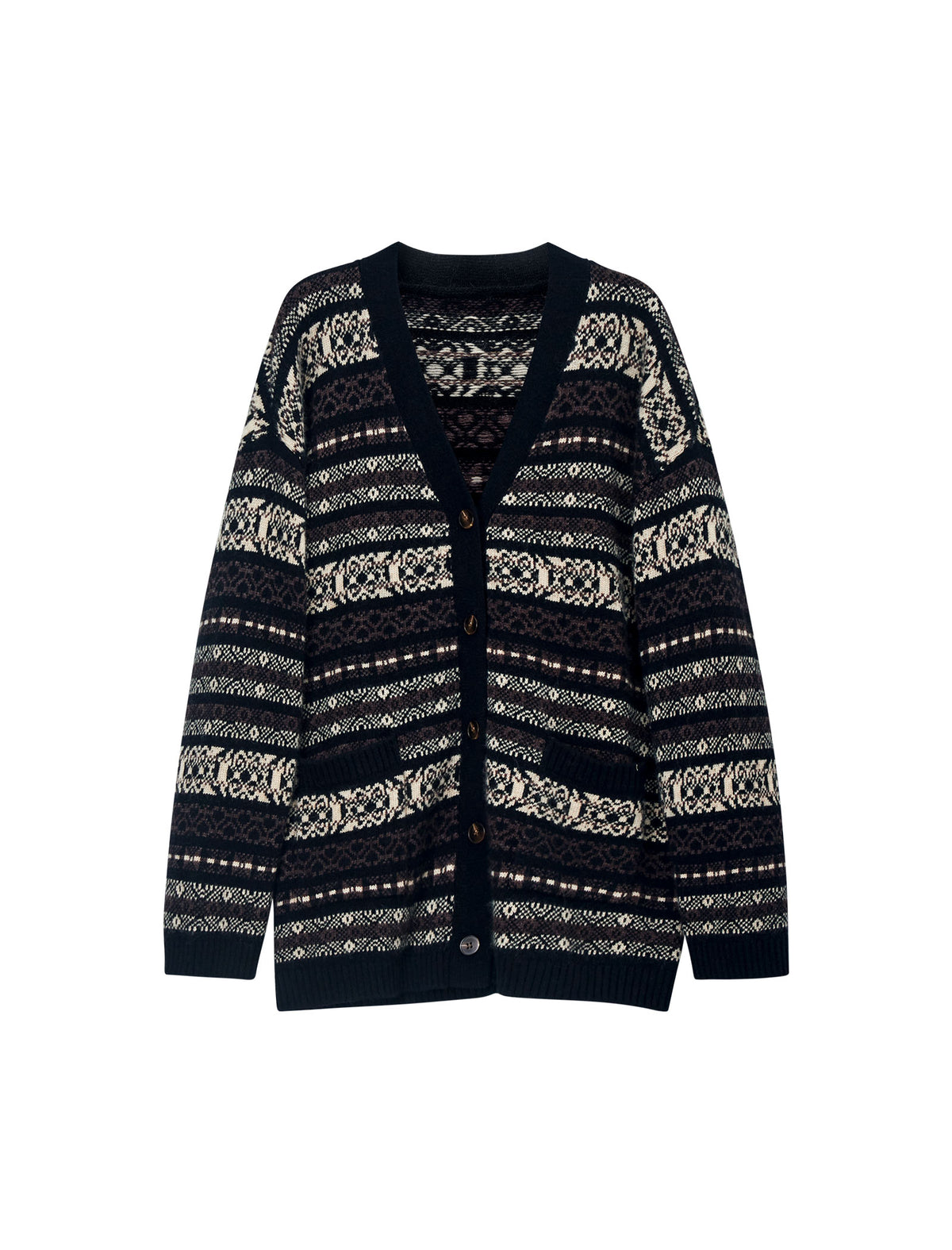 Wool Blend Fair Isle V-Neck Pocket Cardigan