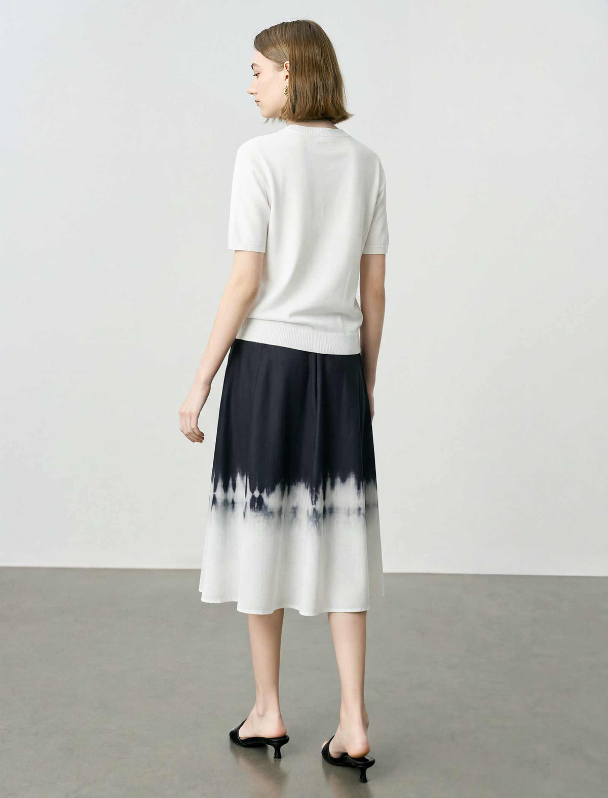Black And White Tie-Dye Ombre A-Line Midi Skirt