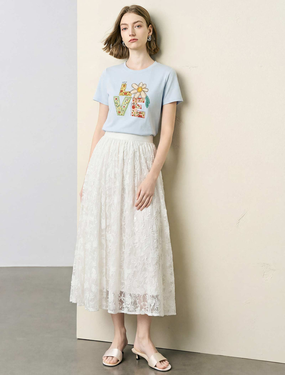 Sequin Floral Lace Midi Skirt