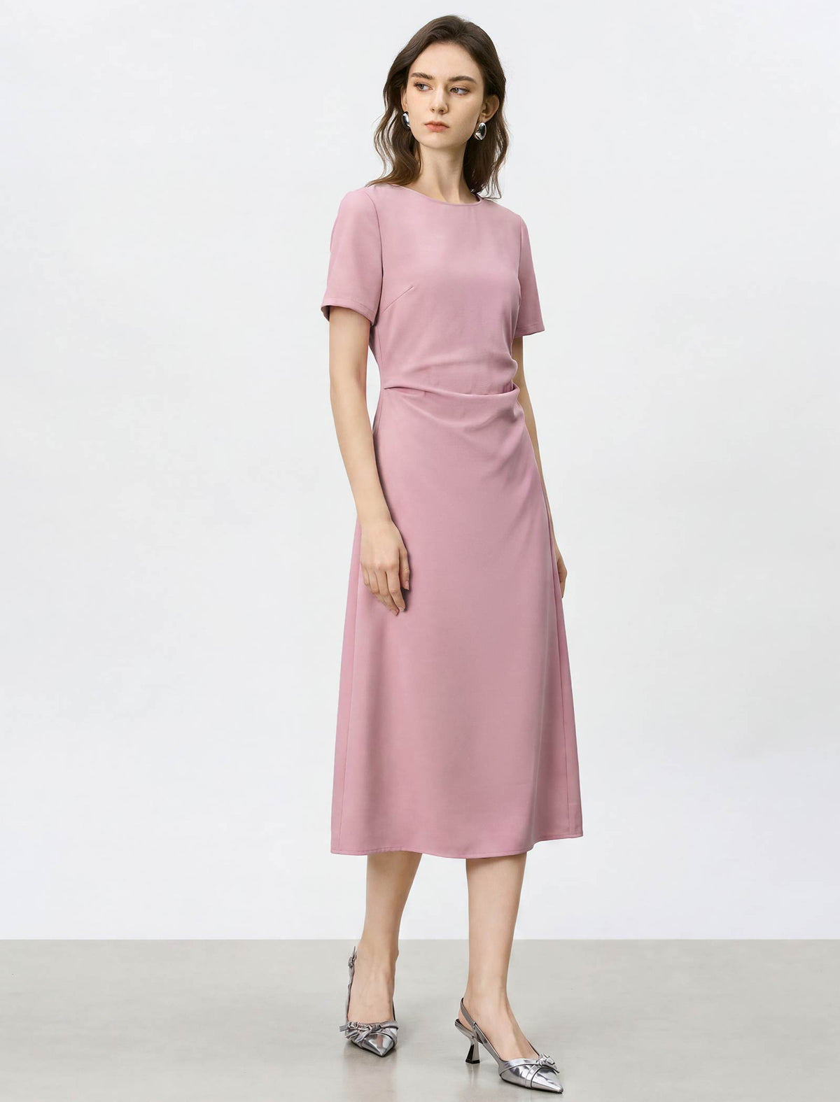 Dusty Pink Side Ruched Short Sleeve Midi Dress