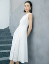 White Boat Neck Sleeveless Lace Slit Waist-Fitted Midi Dress