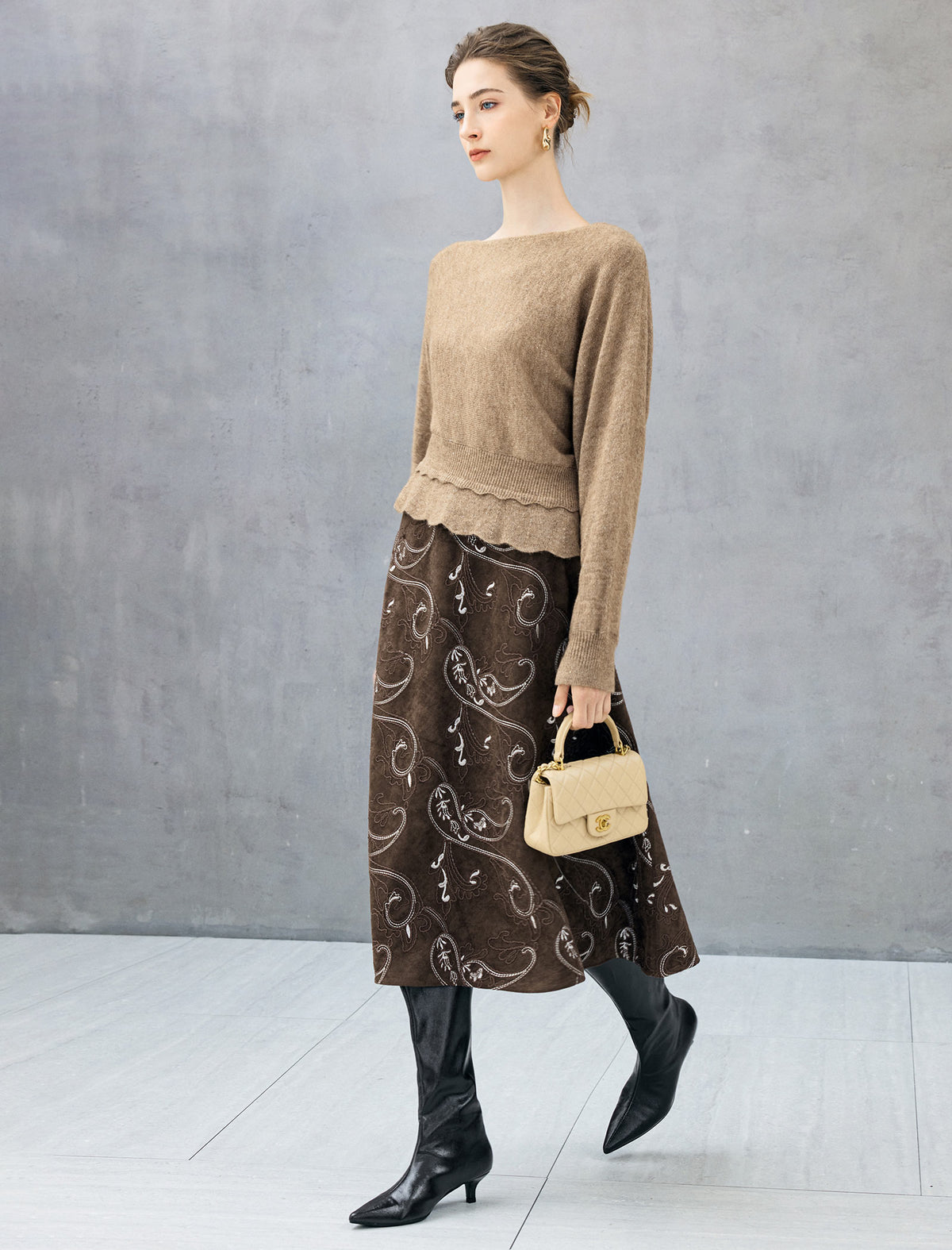 Wool Blend Ruched Boatneck Drop-Shoulder Sweater