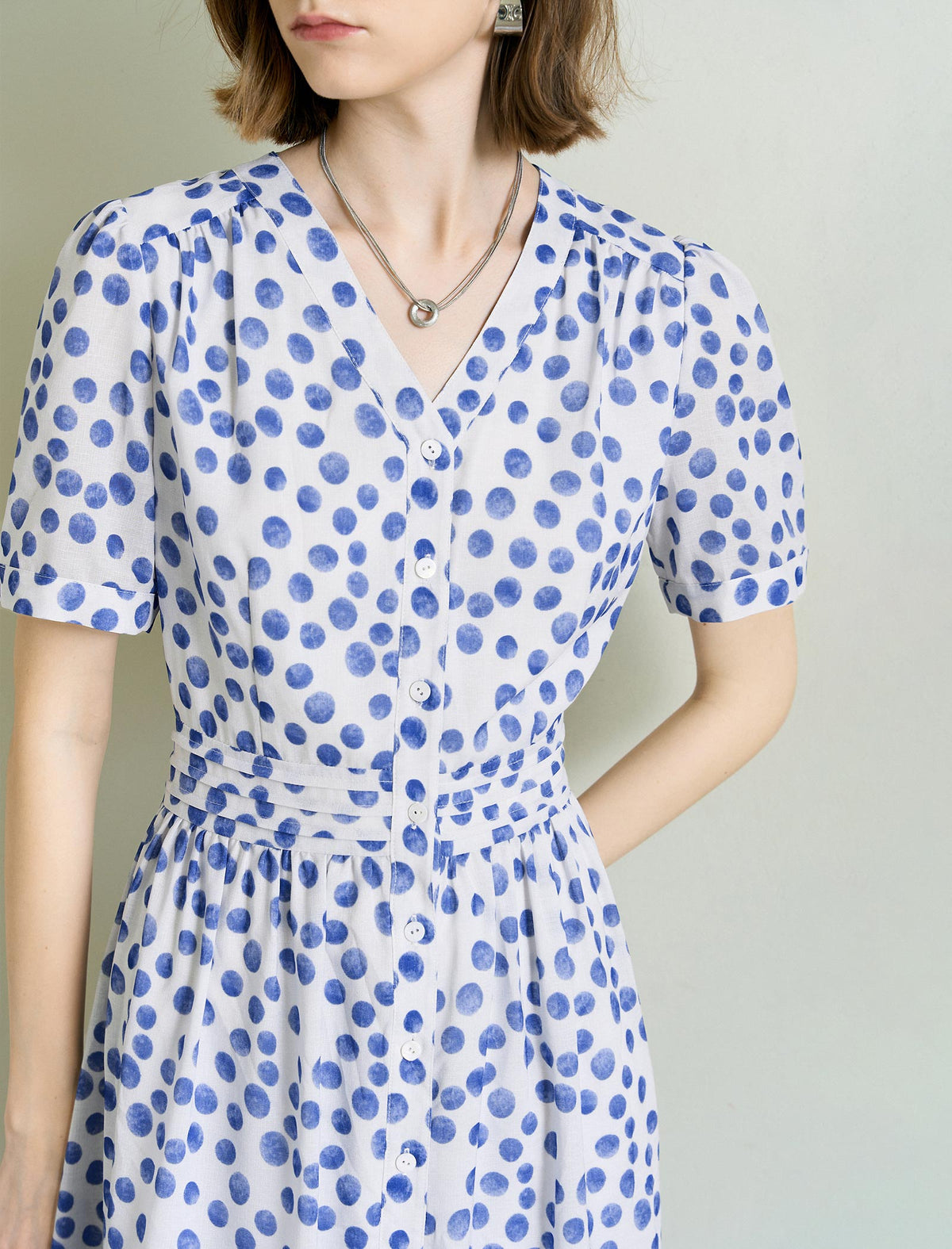 Blue Polka-Dot Short Sleeve Gathered-Waist Dress