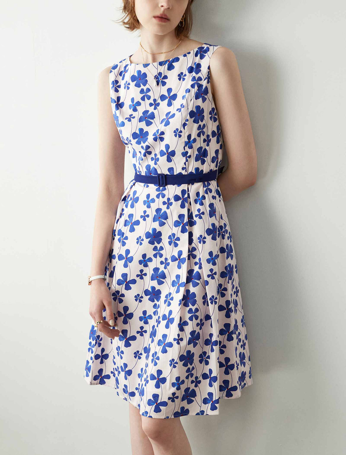 Sleeveless Blue Floral Belted Dress