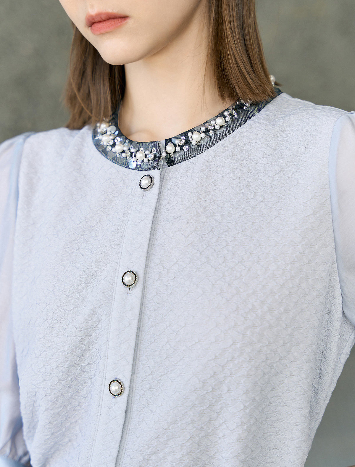 Embellished Collar Puff Sleeve Blouse