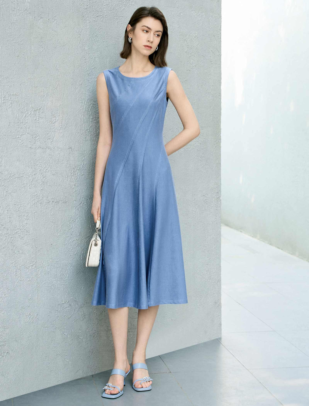 Solid Waist-Cinched A-Line Sleeveless Dress
