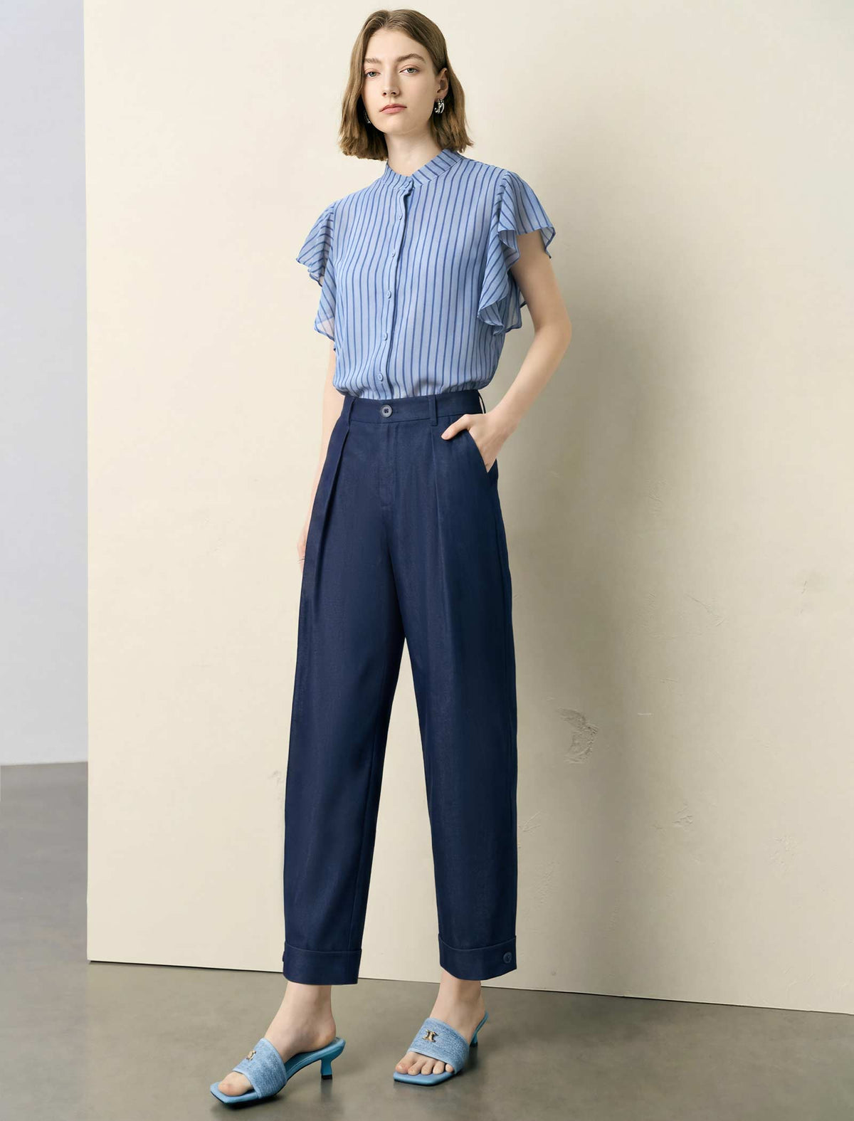 Stand‑Collared Striped Ruffle Short‑Sleeve Blouse