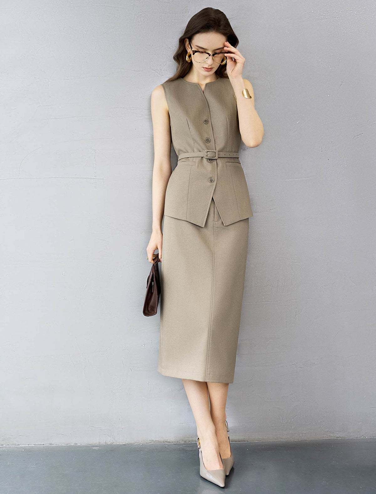 Taupe Tailored Belted Vest