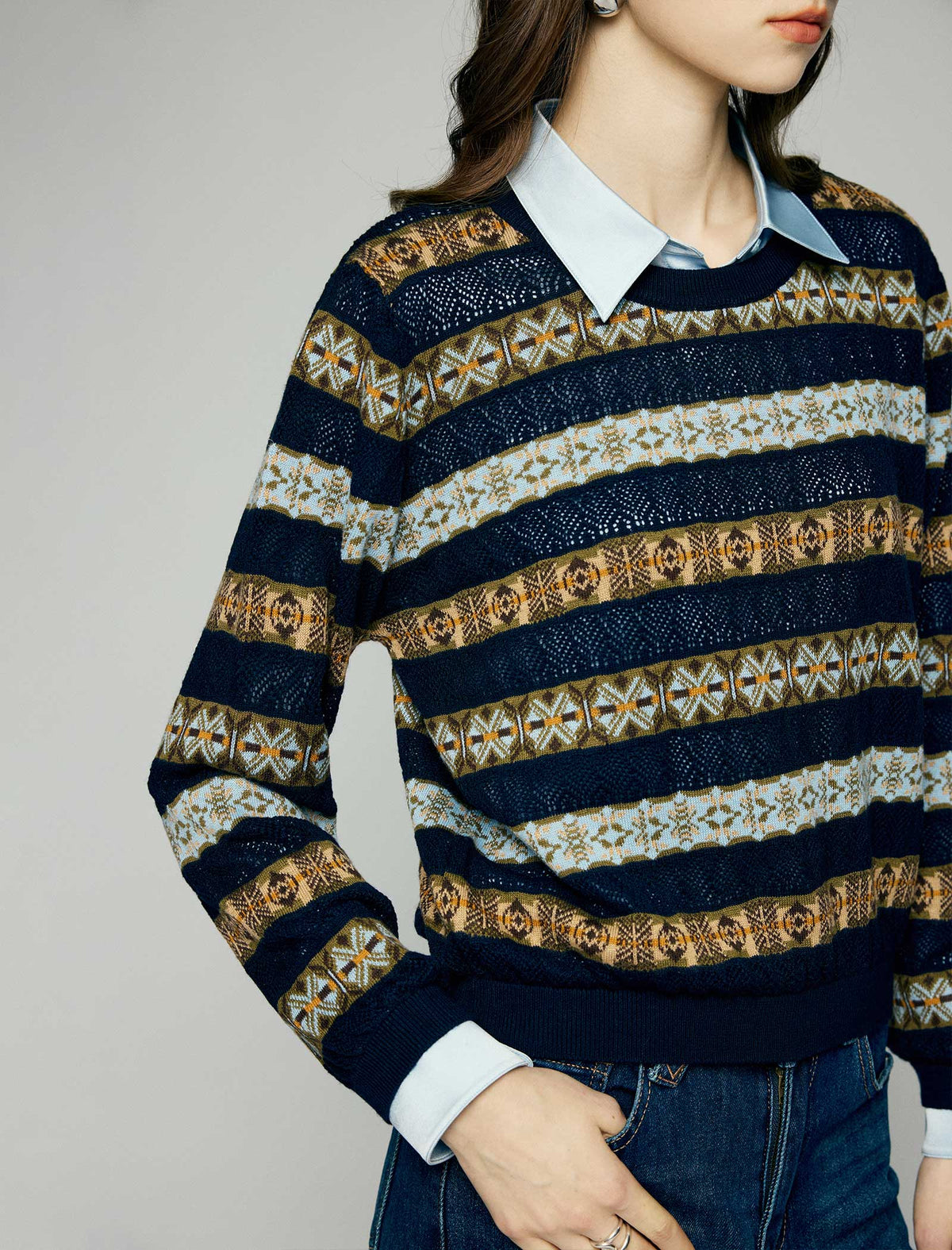 Wool Blend Geometric Stripe Crewneck Sweater