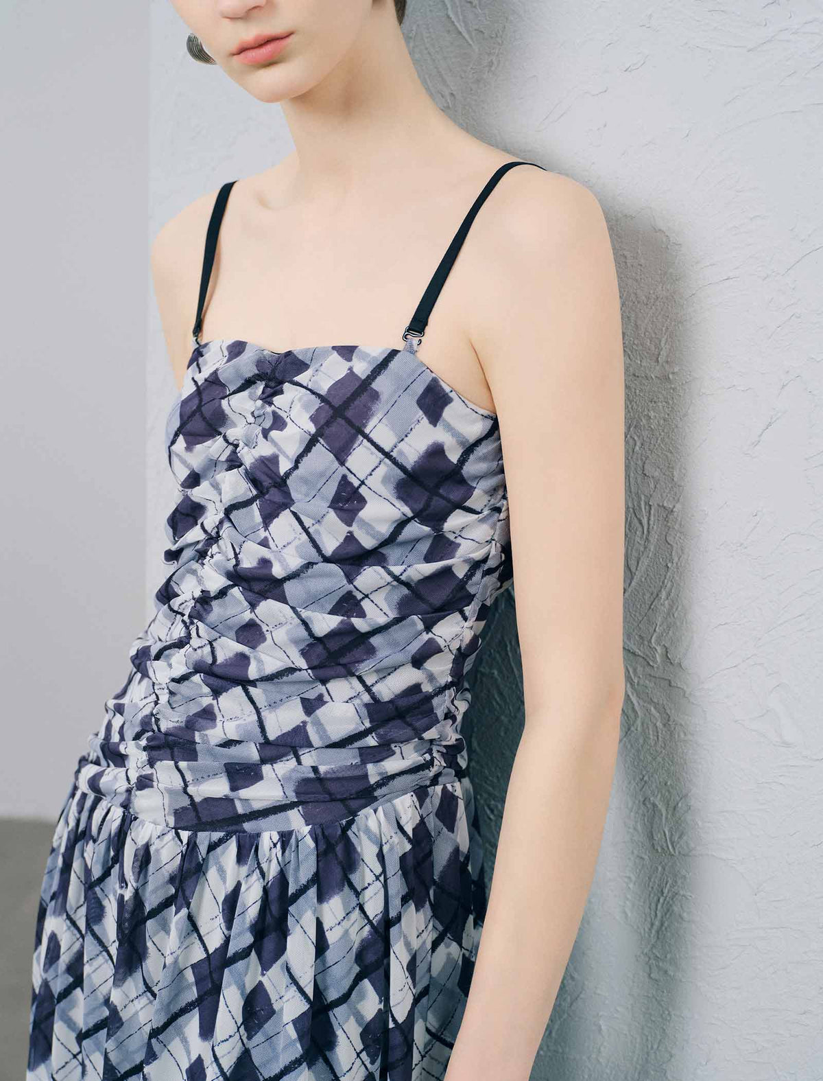 Blue Checked Spaghetti Strap Maxi Dress