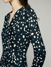 Abstract Dot Print V-Neck Ruched-Waist Long Sleeve Wrap Midi Dress