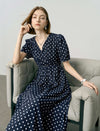 Navy Blue Polka Dot Wrap Midi Dress