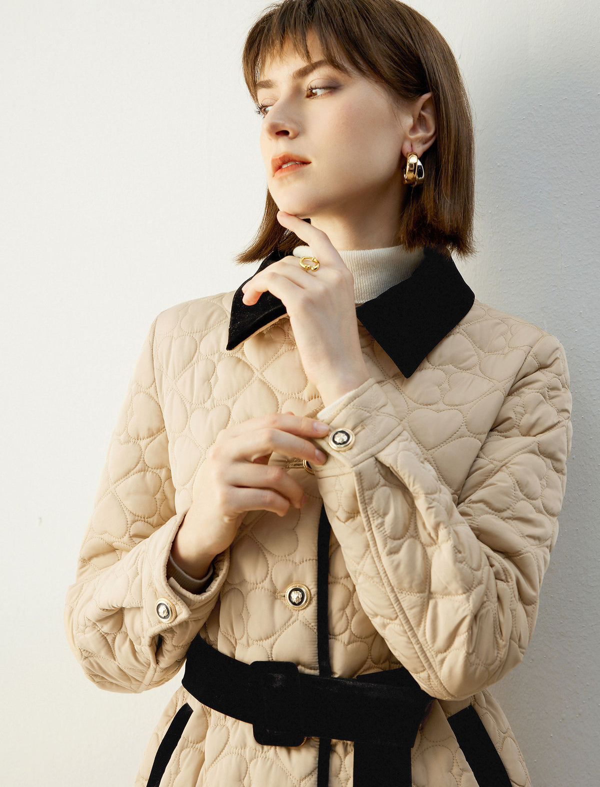 Velvet-Trim Collared Button-Front Belted Quilted Coat