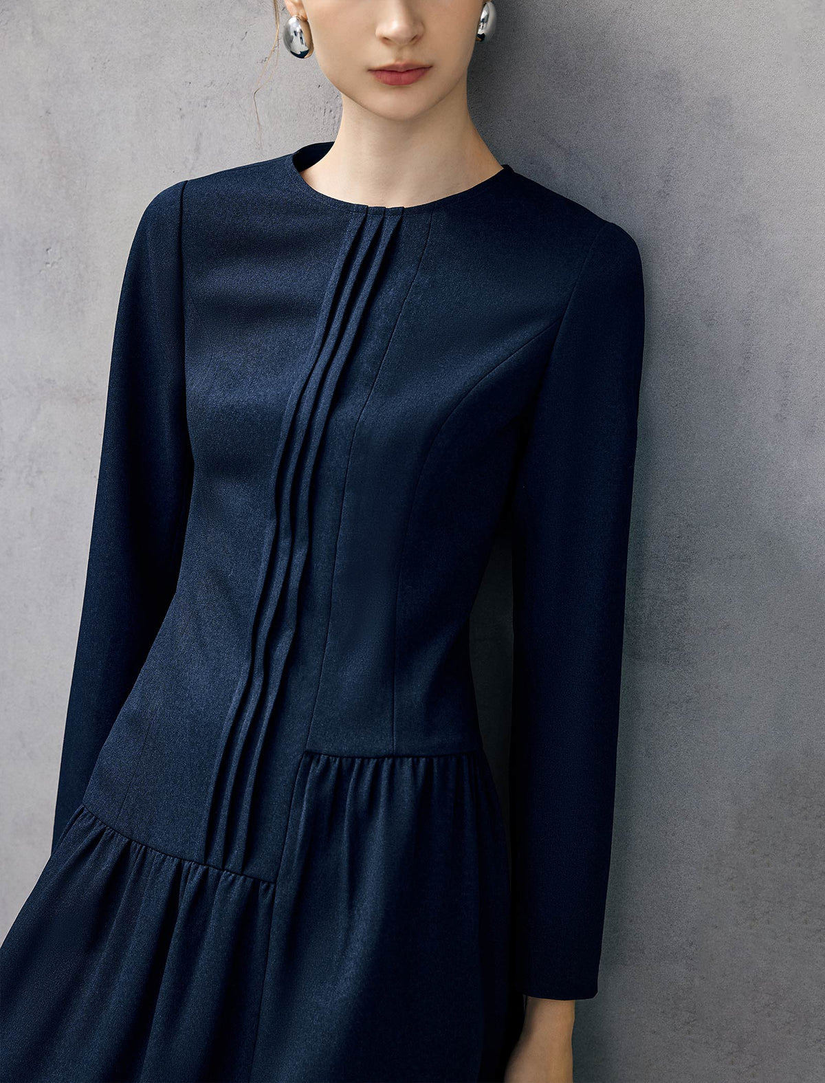 Wool Blend Pleated Crewneck Long Sleeve A-Line Dress