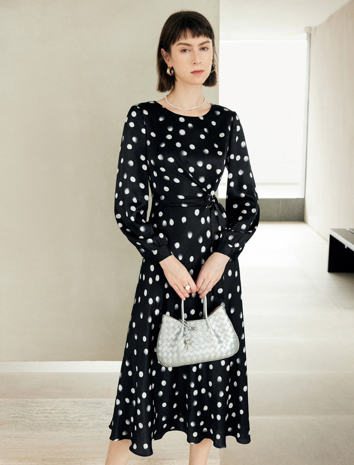 Black Polka Dot Long Sleeve Midi Dress