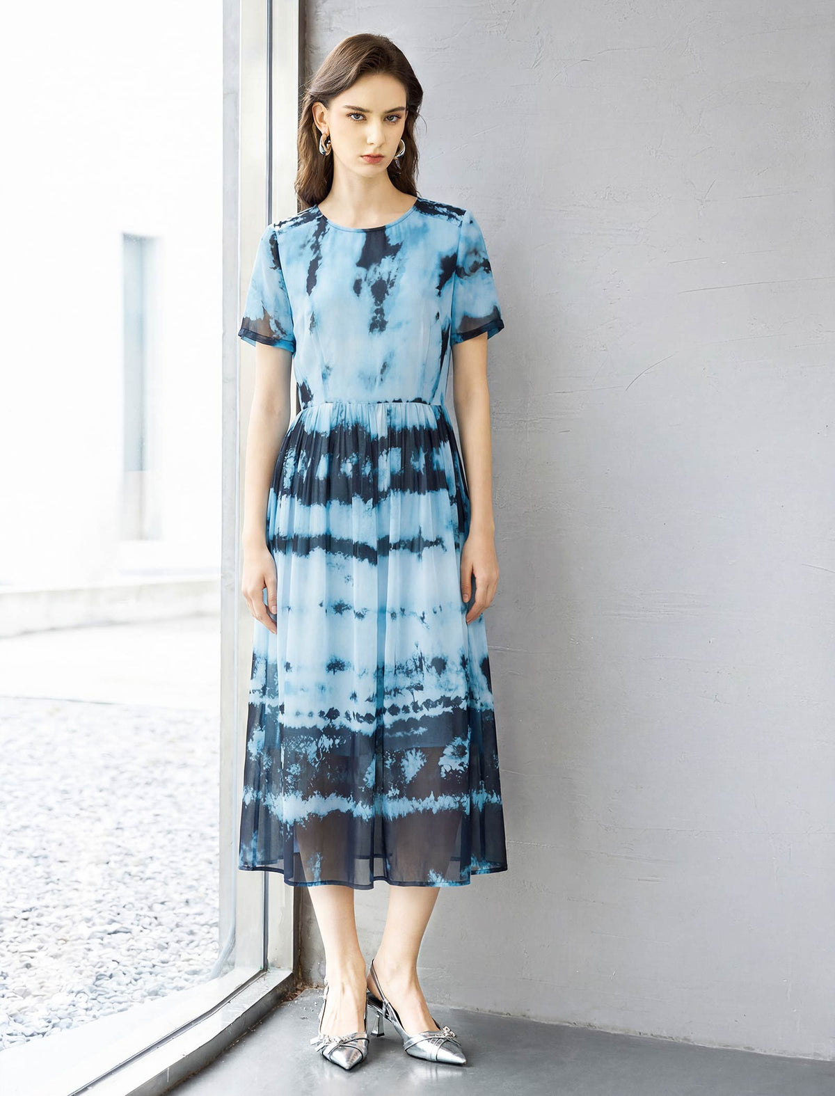 Blue Tie-Dye Print Chiffon Midi Dress