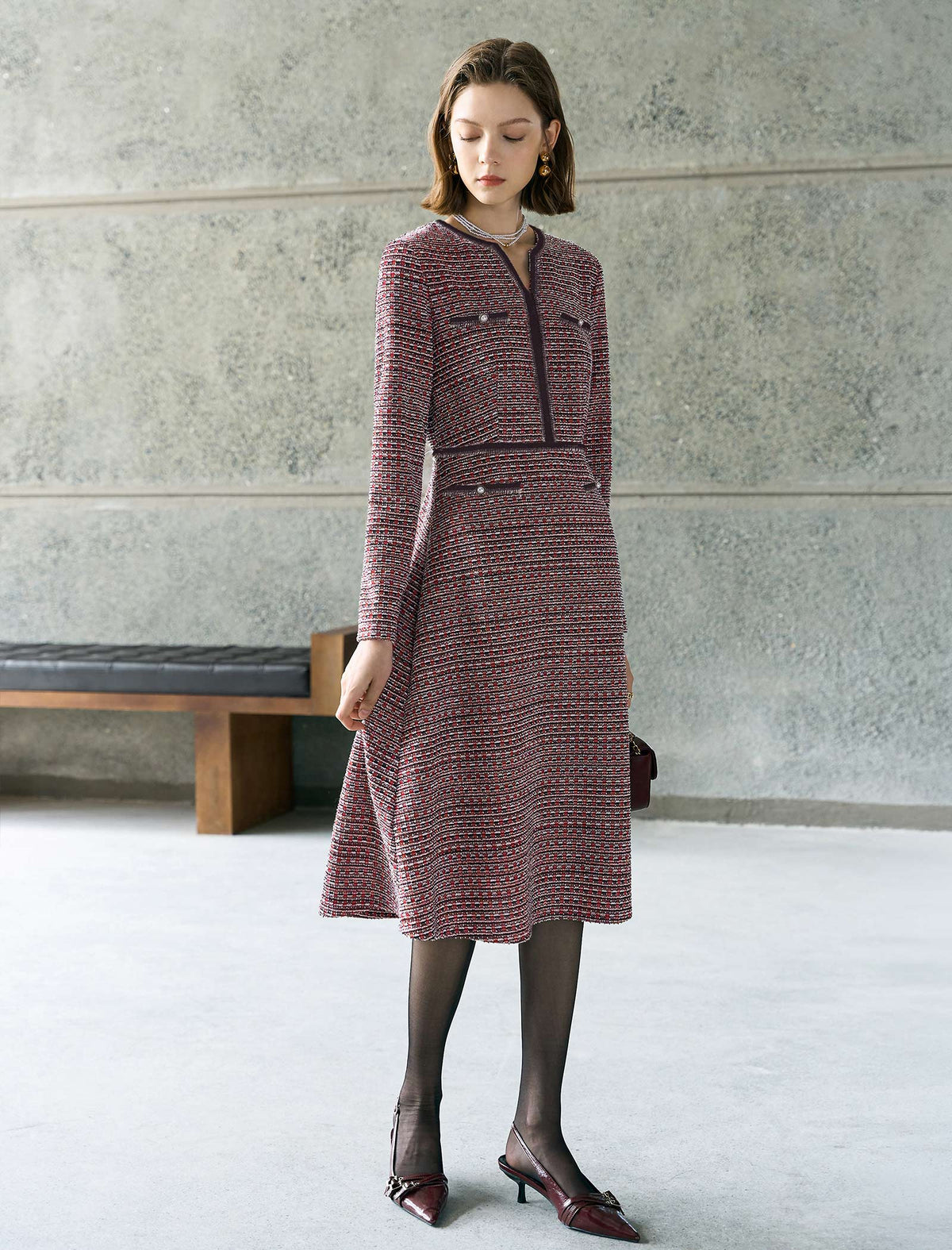 Jacquard Plaid V-Neck Long Sleeve Pearl-Button A-Line Dress
