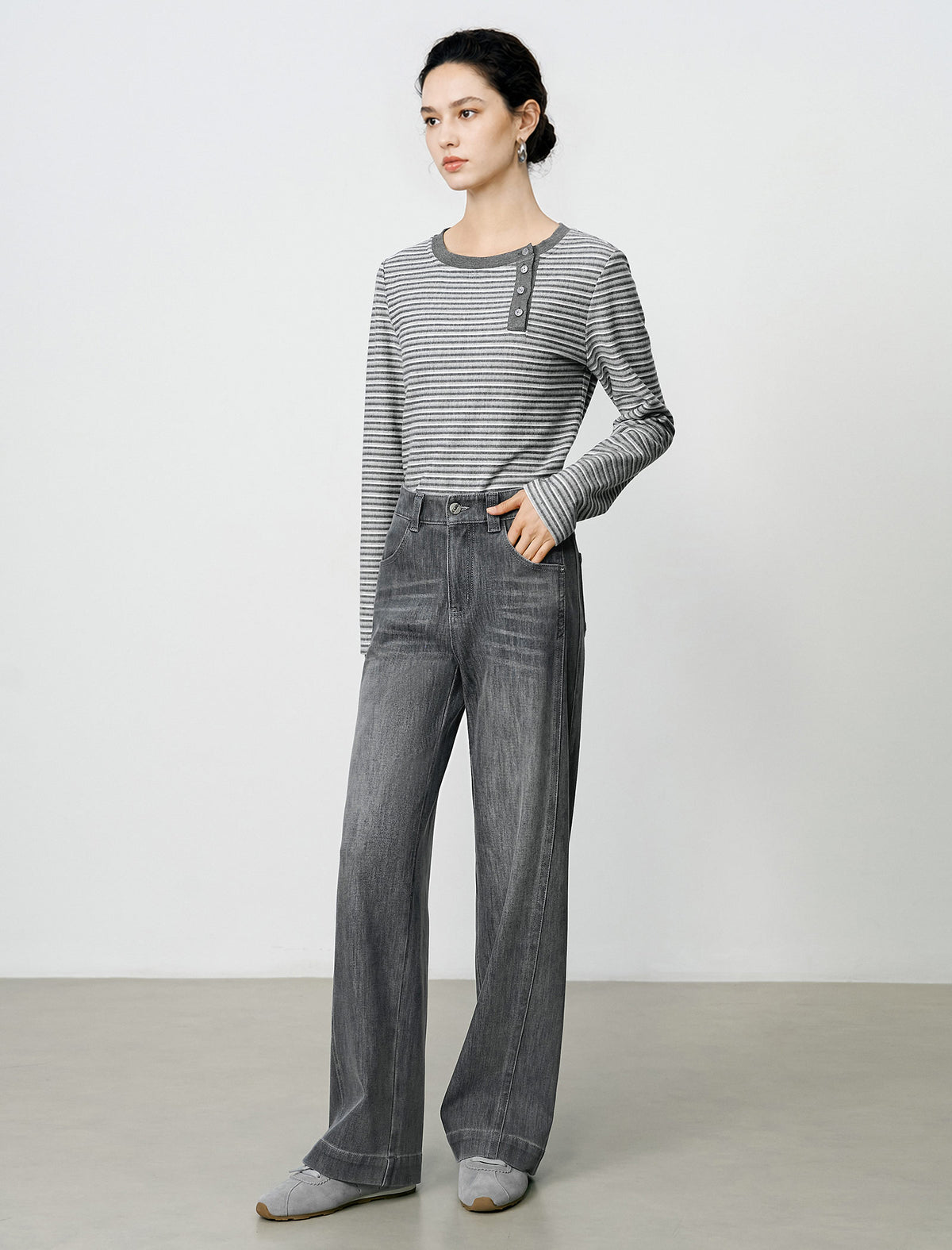 Side-Button Striped Long-Sleeve Knit Top