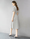 Neutral Plaid Shirt-Style Belted Midi Dress