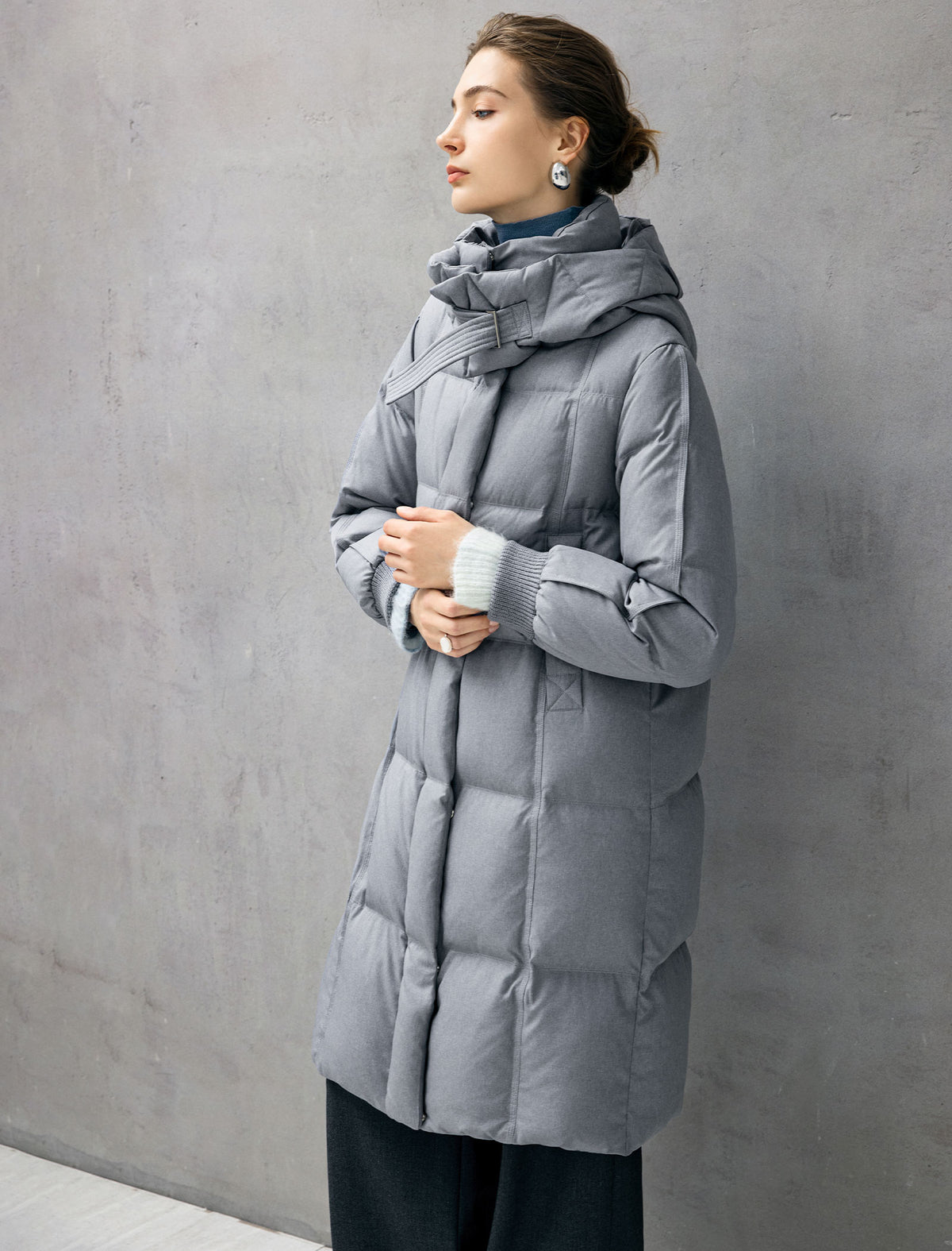 Hooded Quilted Zip-Front Ribbed-Cuff Long Puffer Coat
