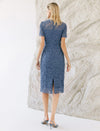 Dusty Blue Floral Lace Sheath Midi Dress