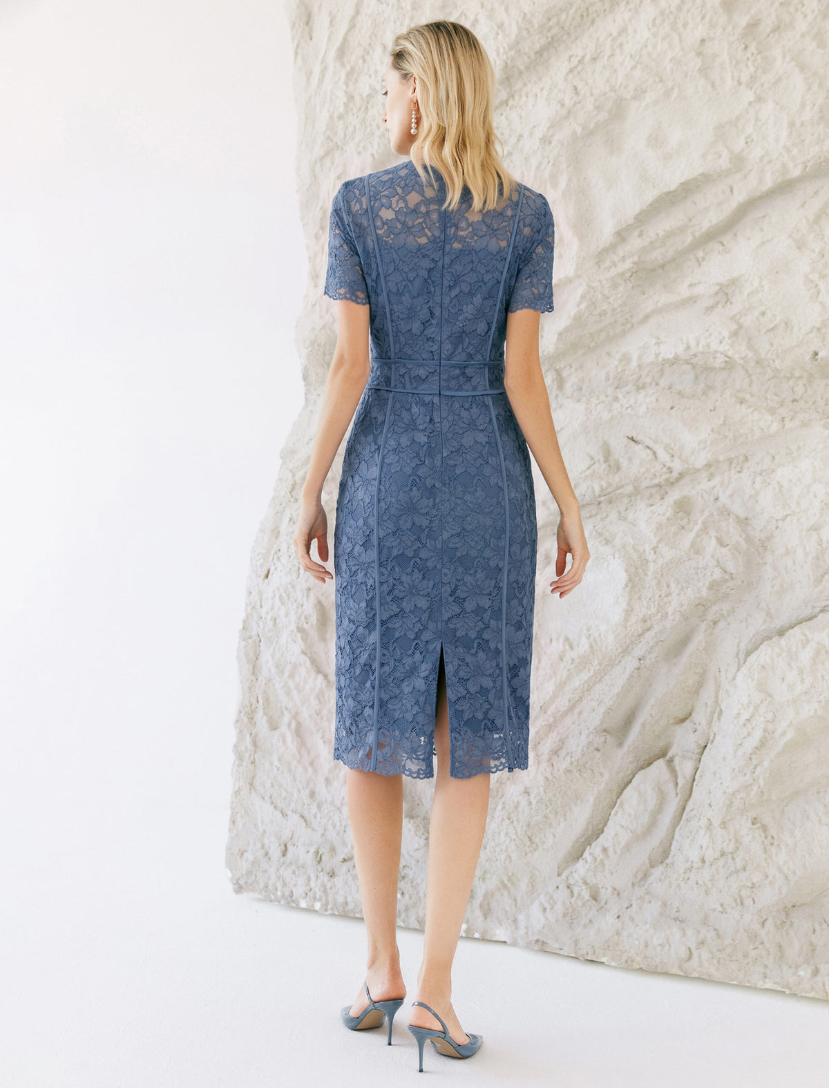 Dusty Blue Floral Lace Sheath Midi Dress