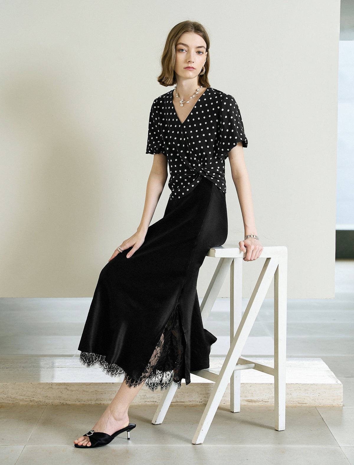 Black Polka Dot Wrap Front Top