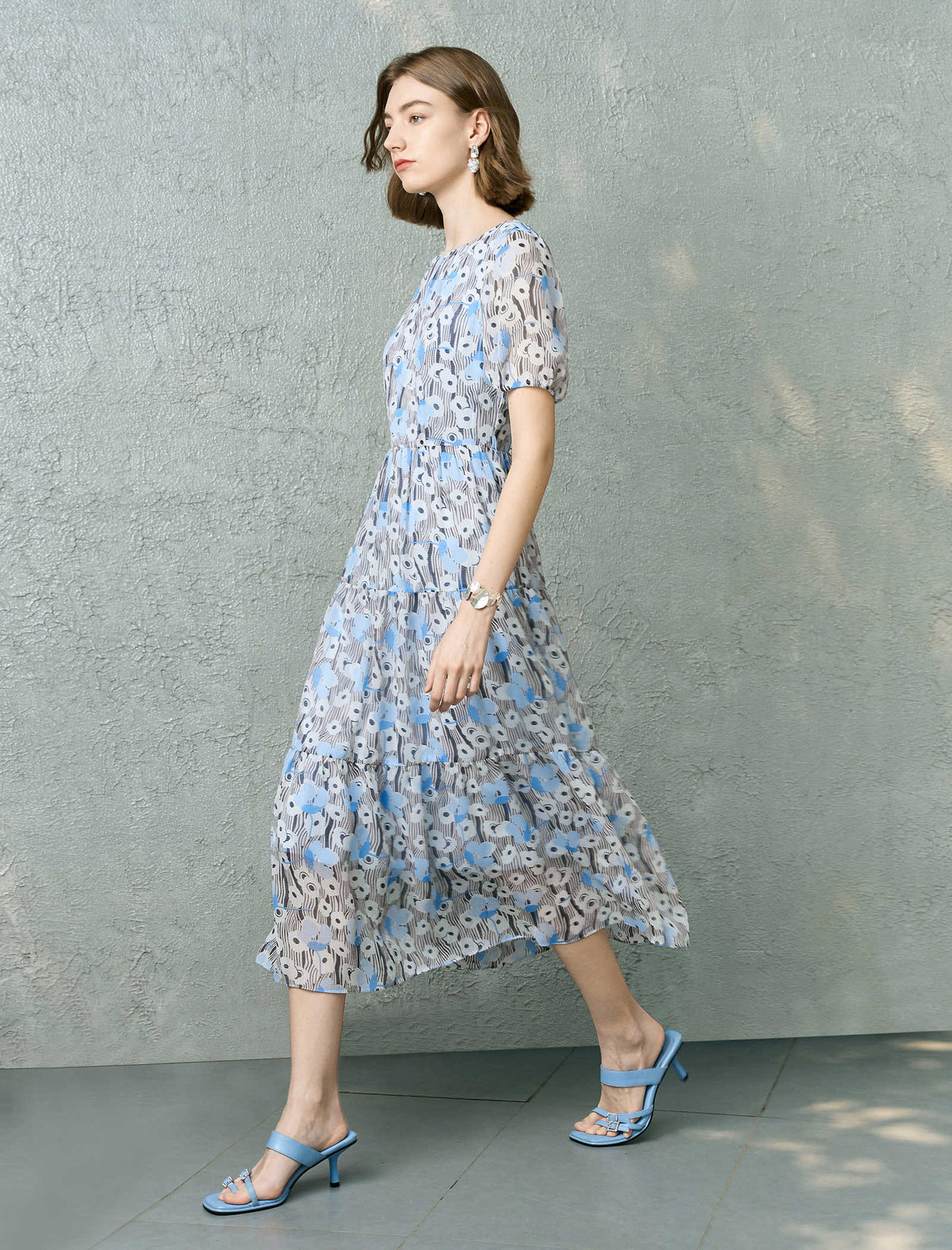Chiffon Blue Floral Tiered Midi Dress