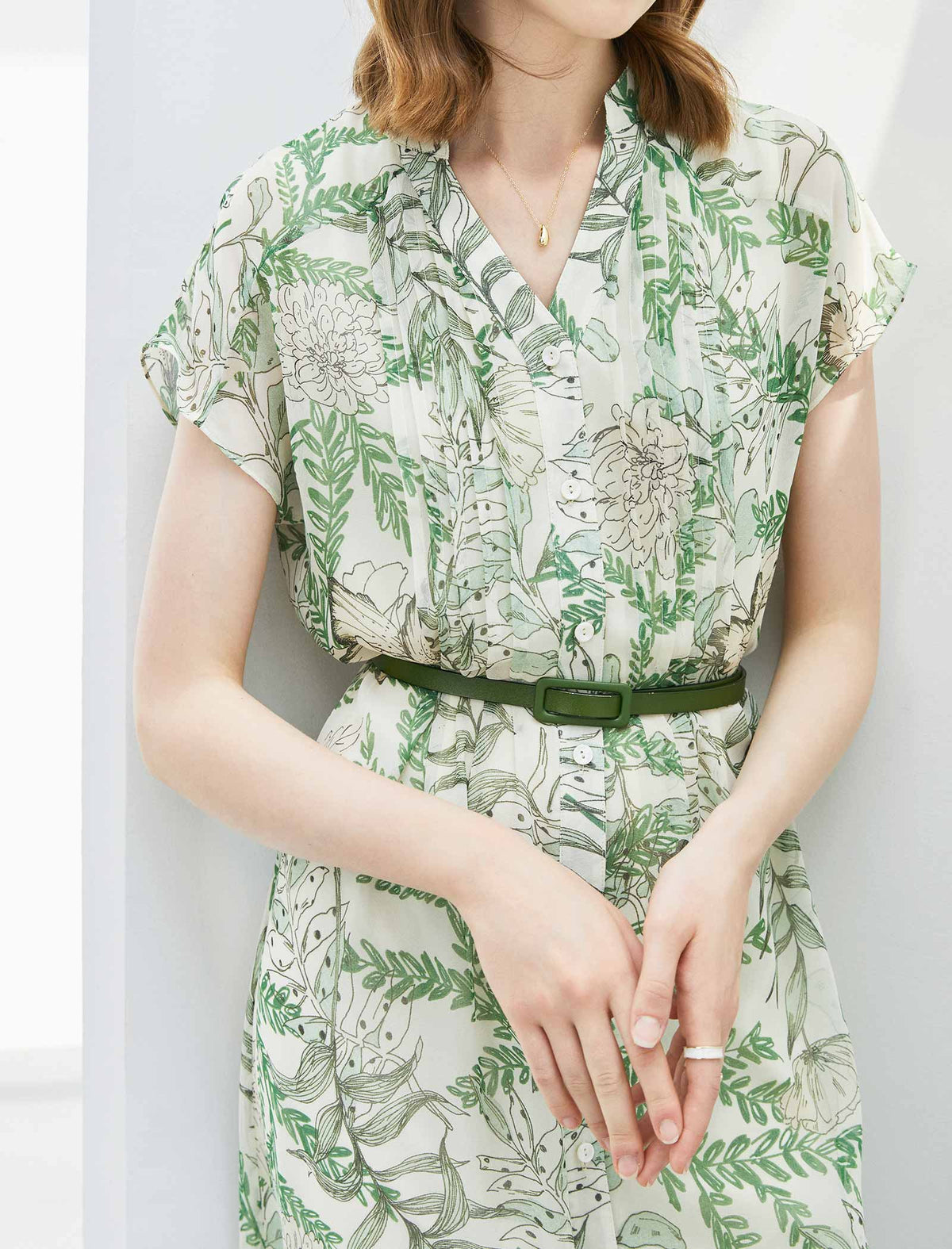 Botanical Print Belted Shirt Midi Dress