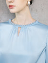 Beaded Neck Satin Long Sleeve Blouse