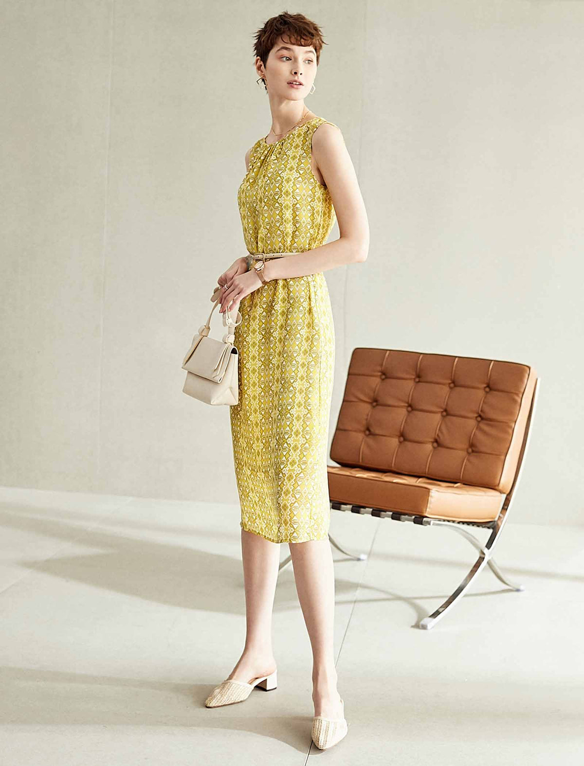 Yellow Geometric Print Sleeveless Midi Dress
