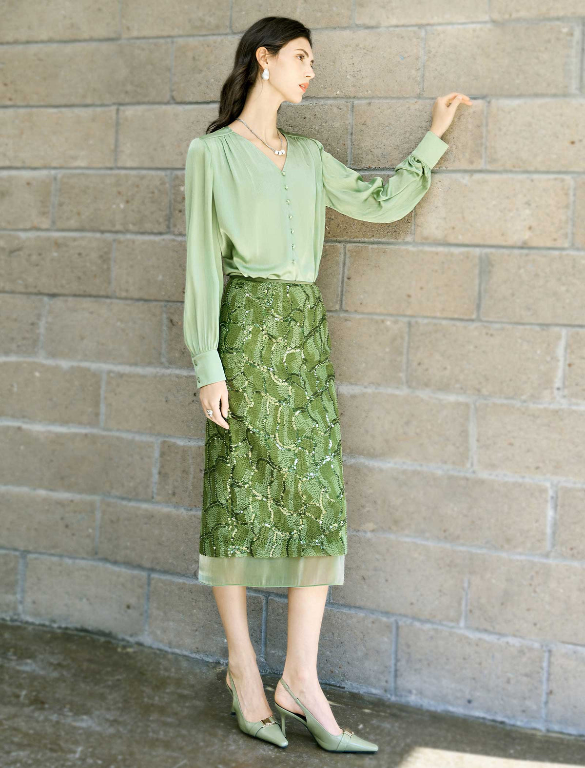 Olive Green Sequin Midi Skirt