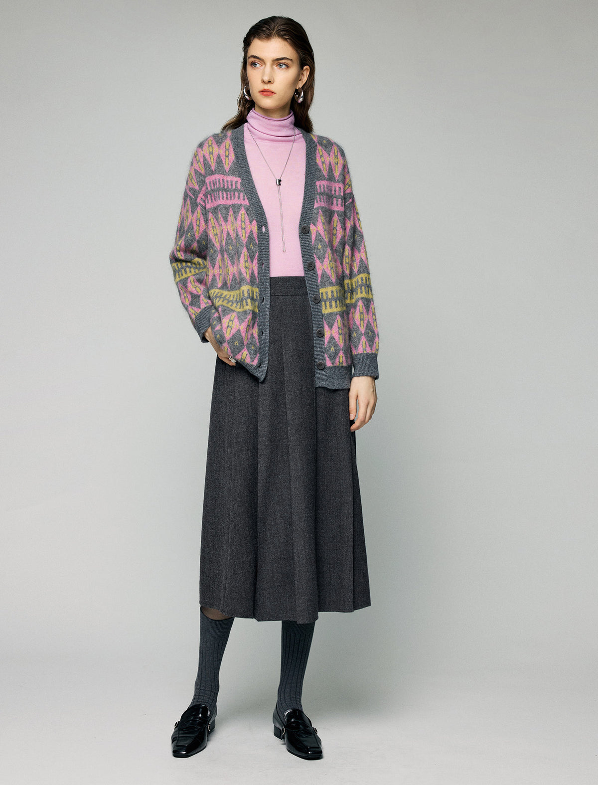 Wool and Mulberry Silk Blend Geometric V-Neck Button-Front Cardigan