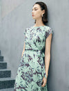 Mint Green Leaf Print Tie Waist Midi Dress
