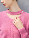 Wool Blend Shimmer Tie-Neck Cable-Knit Sweater