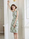 Light Green Gingham Floral Self-Belt Sleeveless Dress