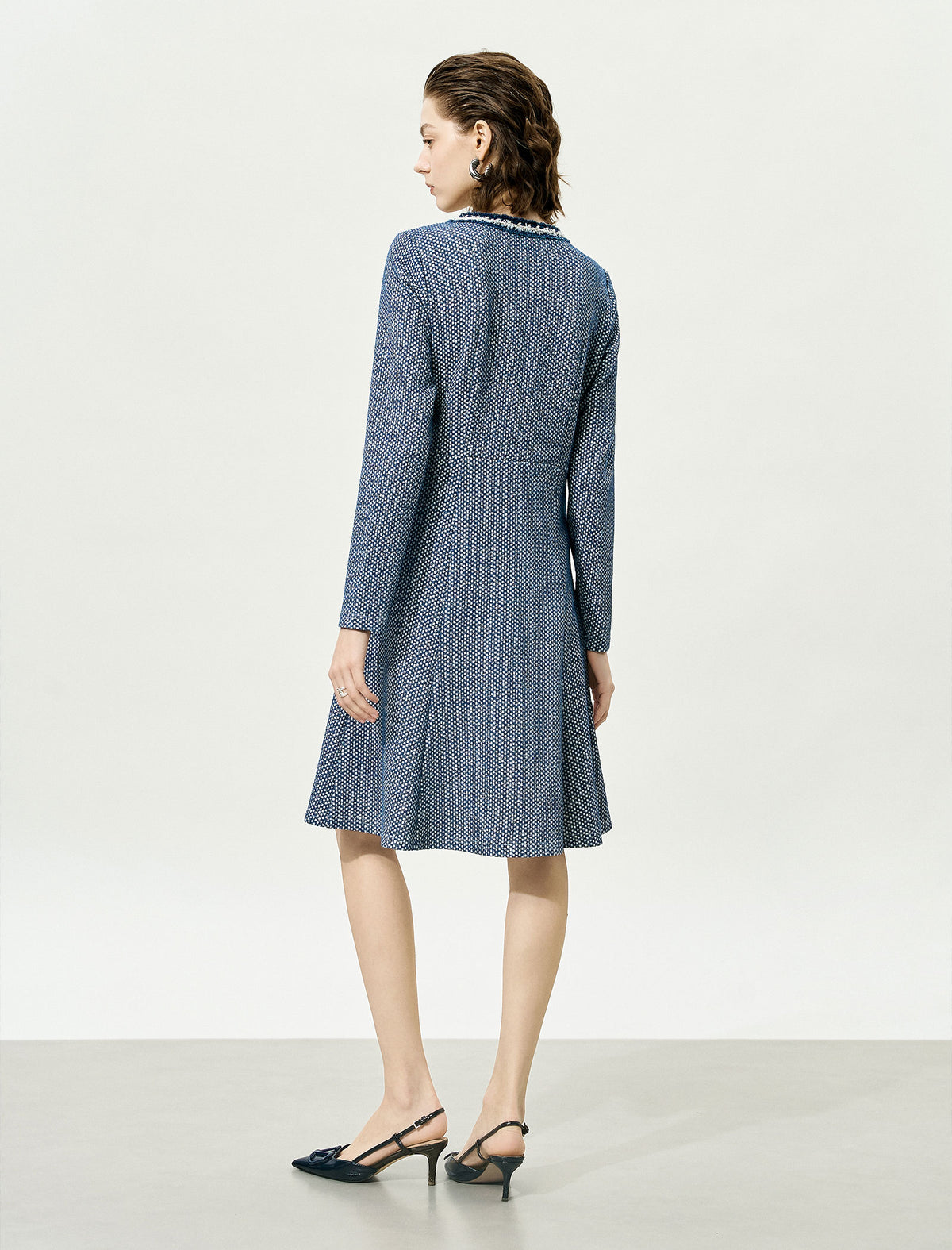 Textured Tweed Long-Sleeve A-Line Dress with Pearl Buttons