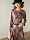 Plaid Crewneck Belted Midi Dress