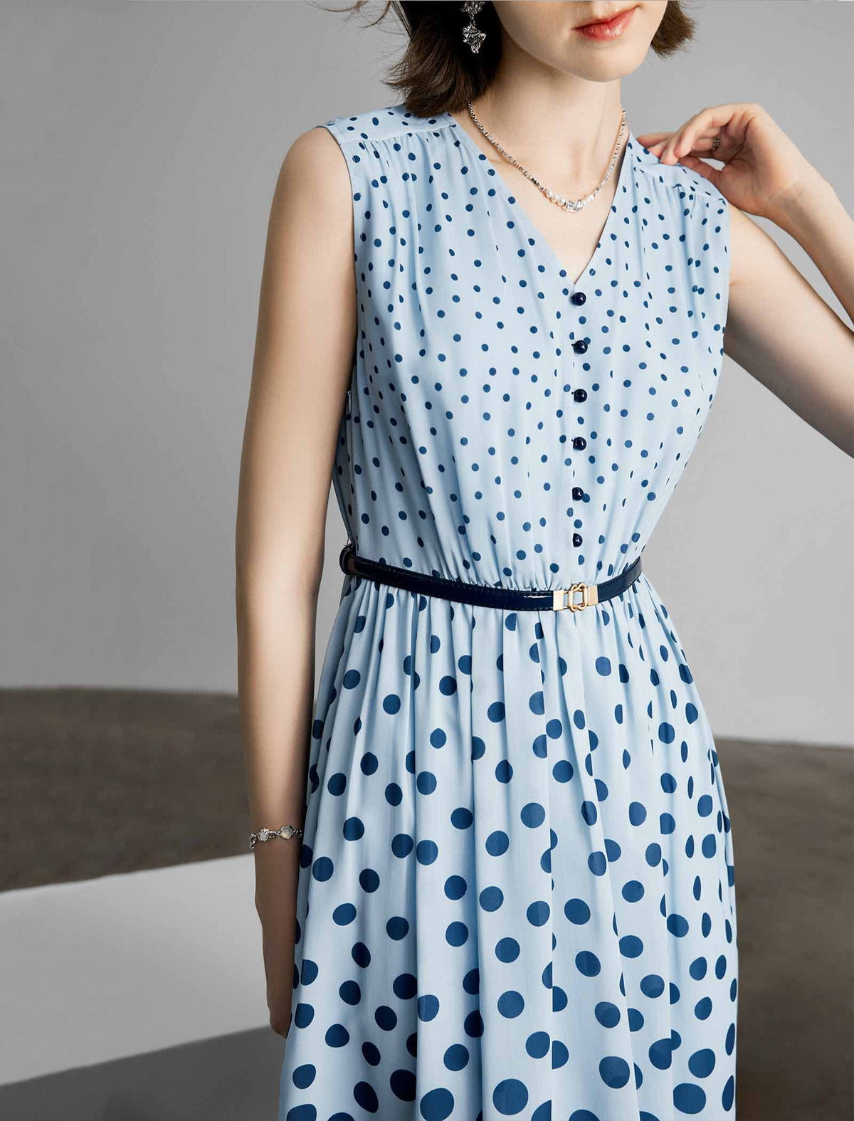 Blue Polka Dot Sleeveless Midi Dress